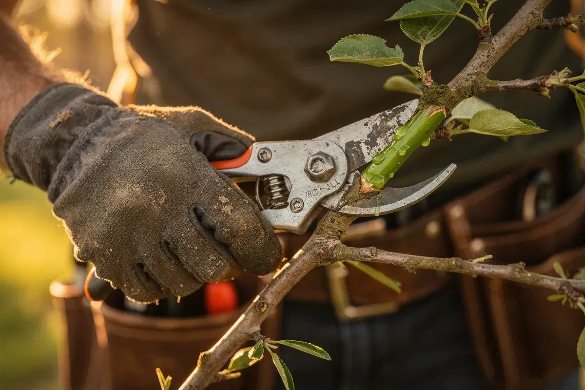 Arboriste taillant un jeune arbre fruitier au sécateur professionnel