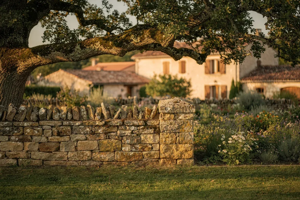 Branche de chêne surplombant un muret de pierre séparant deux propriétés voisines