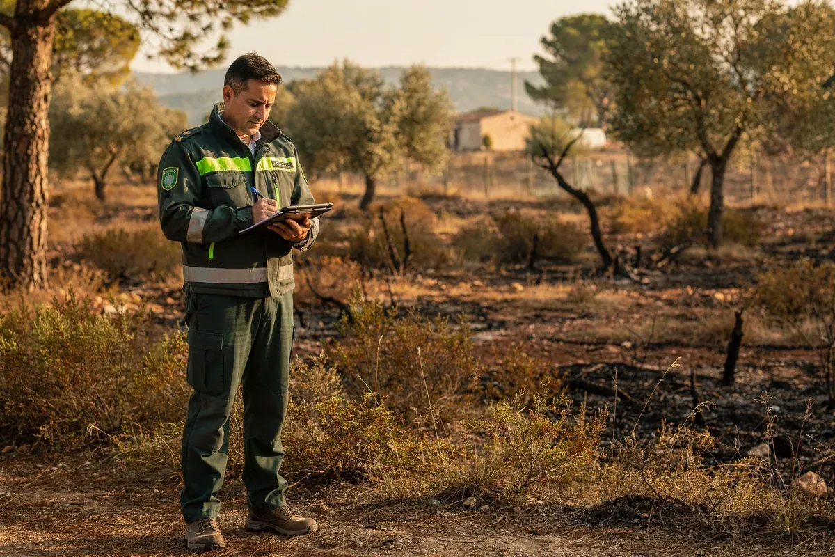 Agent forestier en tenue officielle vérifiant un terrain en zone OLD avec une tablette de relevé
