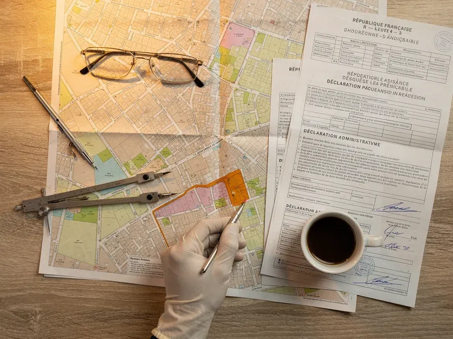 Plan d'urbanisme PLU étudié sur un bureau avec documents administratifs