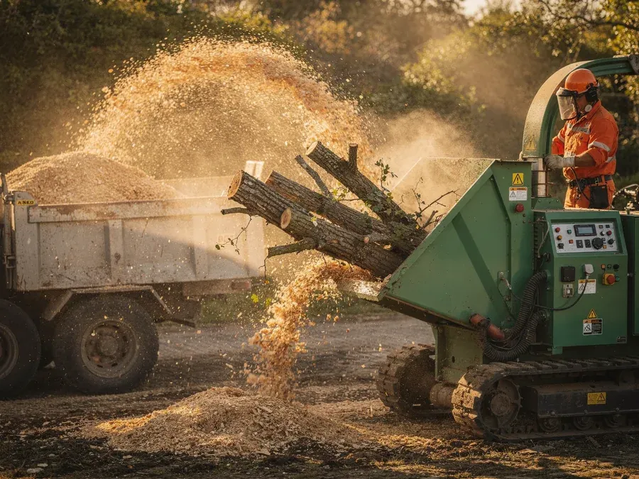 Broyeur professionnel en action transformant les branches en copeaux