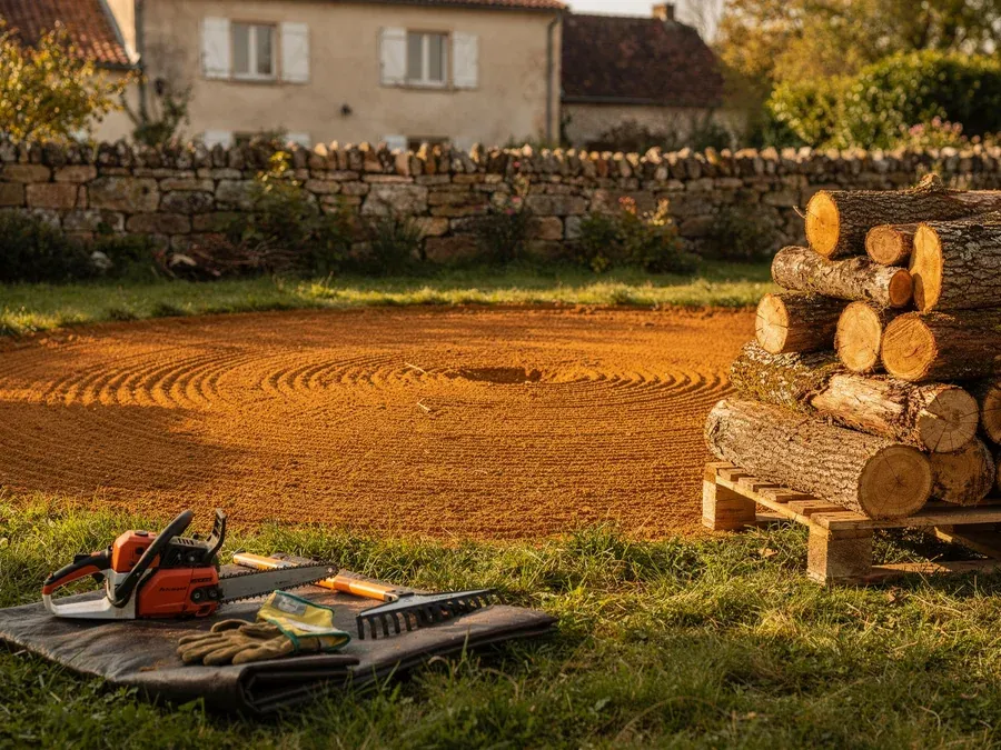 Jardin nettoyé après intervention avec billons empilés et sol ratissé