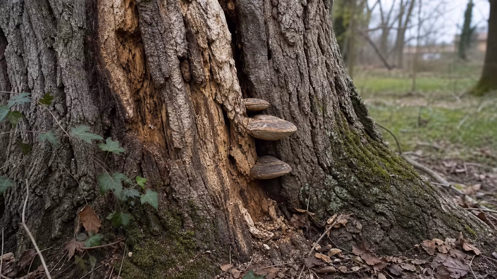 Pied de chêne avec polypores et écorce décollée, signe de pourriture interne