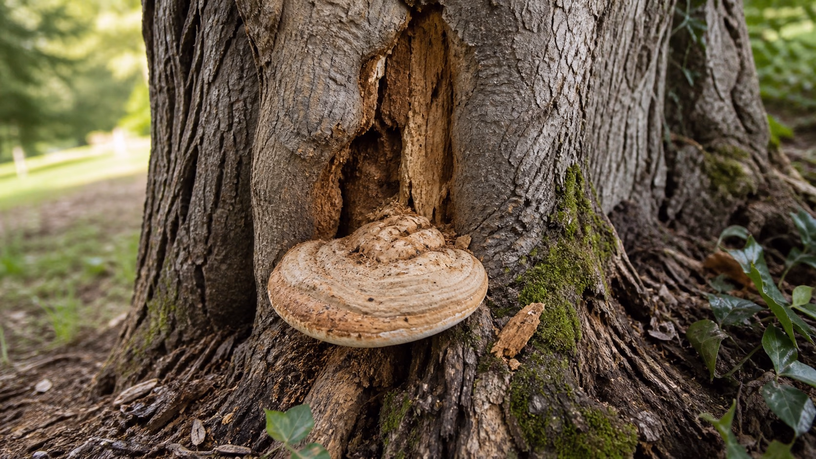 Gros plan sur un champignon polypore poussant à la base d'un tronc fissuré, signe de bois dégradé
