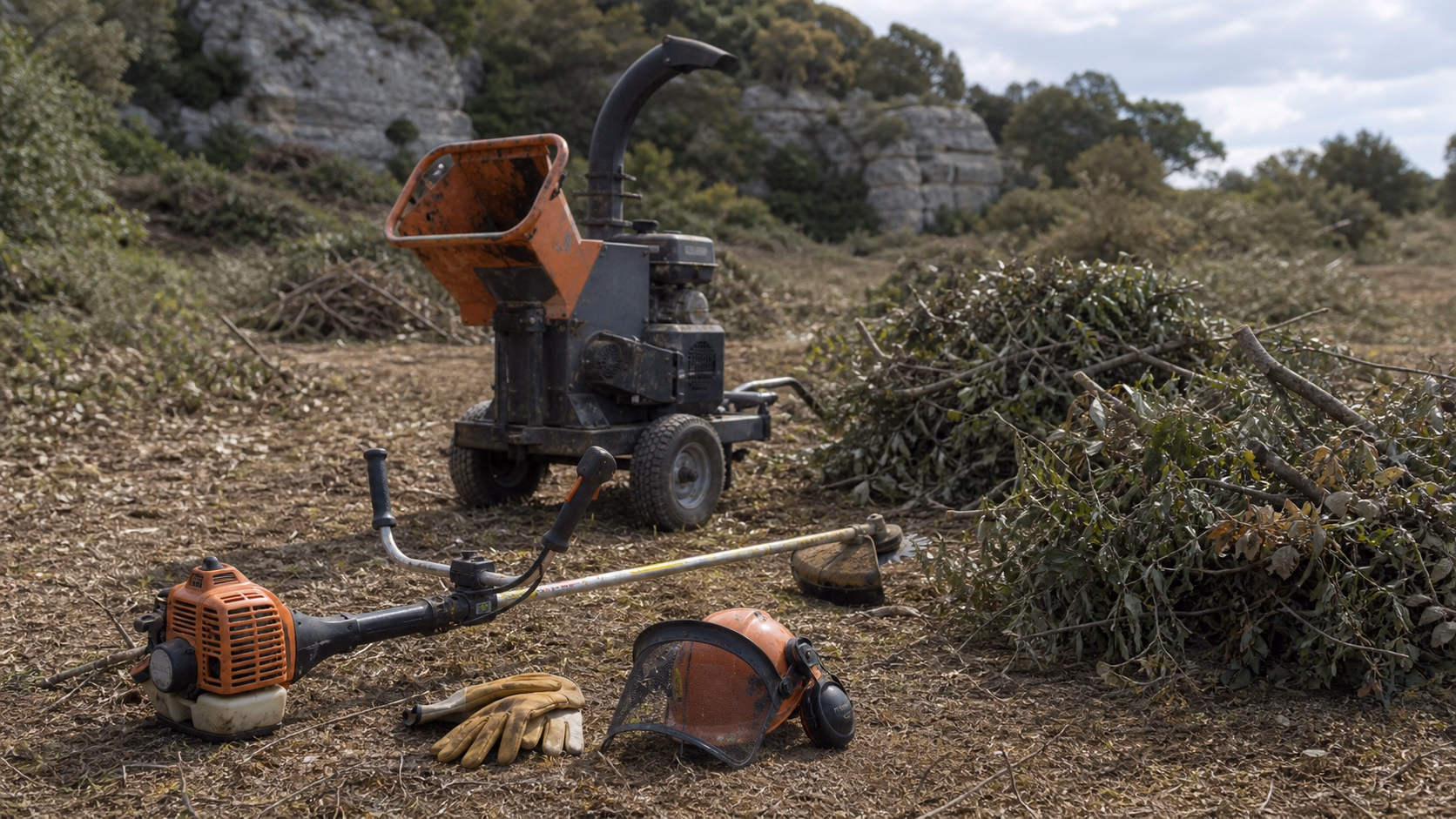 Débroussailleuse thermique et broyeur de branches au sol sur un chantier de débroussaillage en garrigue occitane, rémanents en tas prêts à évacuer
