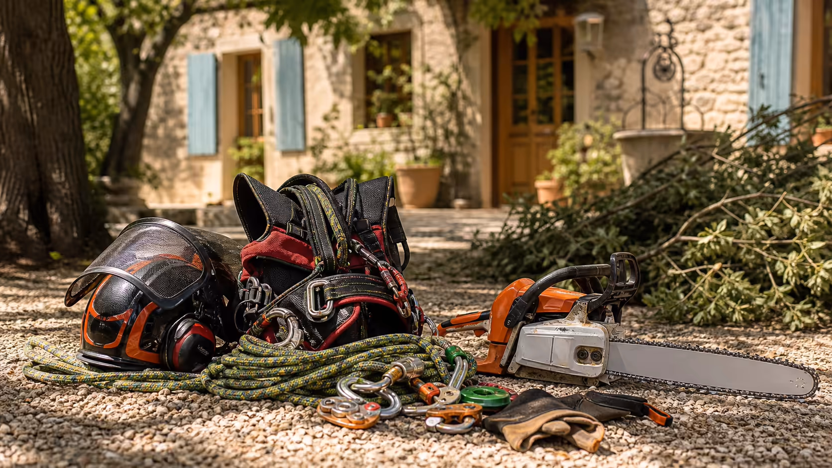 Équipement complet de grimpeur élagueur certifié posé sur la cour d'un mas occitan : harnais EN 361, tronçonneuse d'élagage, cordes de rappel, casque avec mentonnière